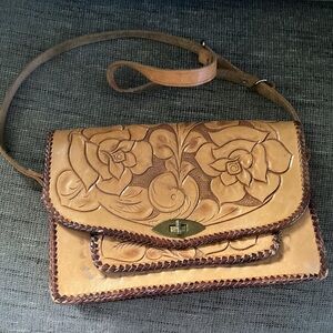 70s Vintage Hand Tooled Leather Satchel Bag  Floral Boho Bohemian